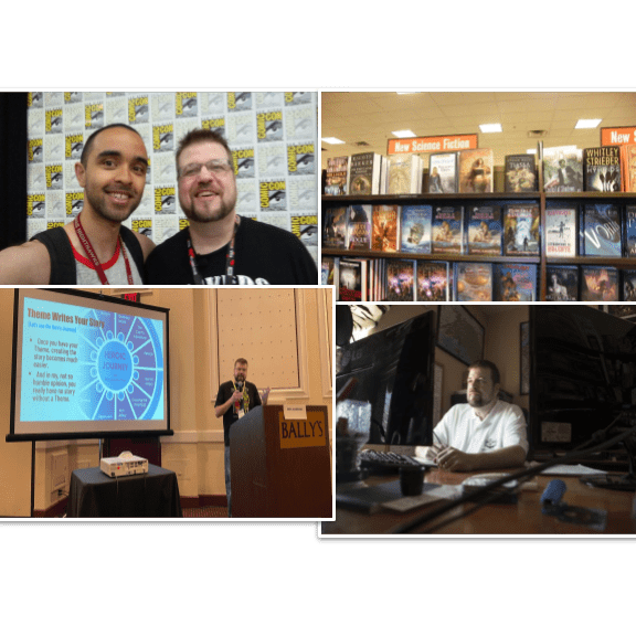 Collage of Drake at San Diego Comic-Con, presenting, with his books in a bookstore, and at his desk