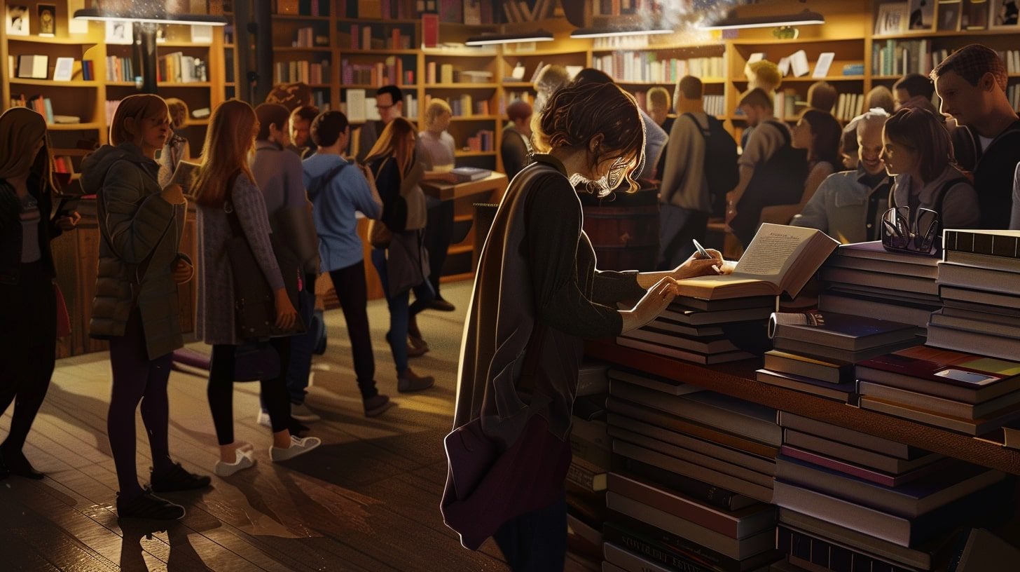 Readers queuing in a bookstore to get their books signed