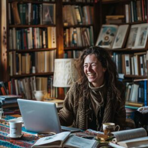 A happy writer laughing at her laptop in a book-lined study
