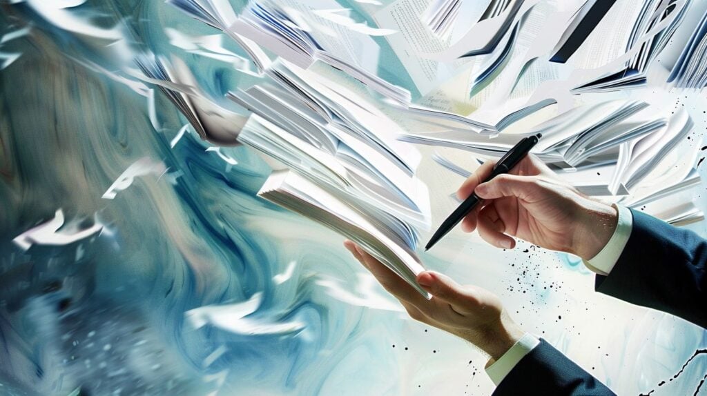 Pages pouring out of a book as a hand writes