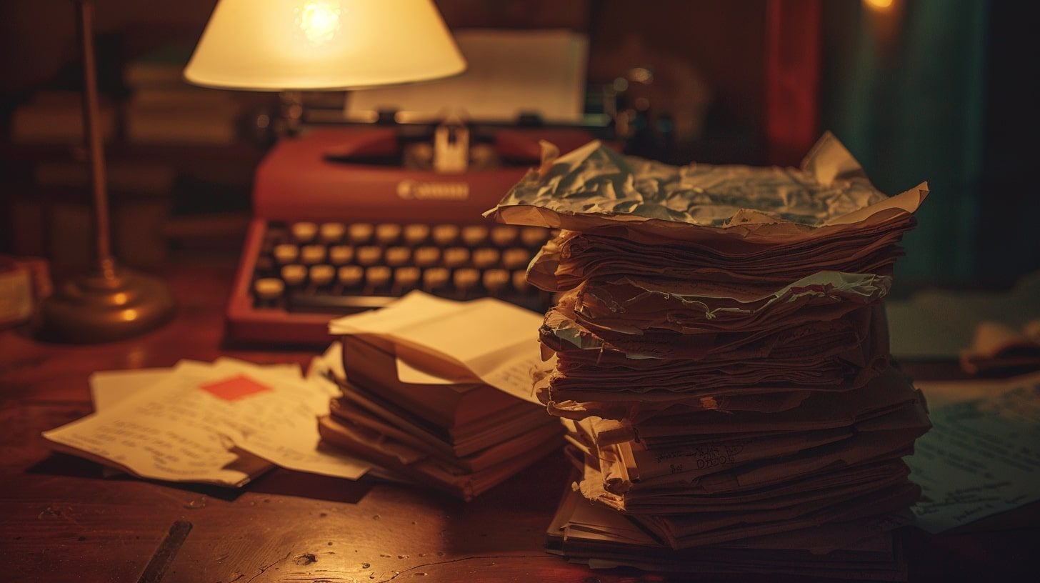 A tall stack of first drafts beside a typewriter