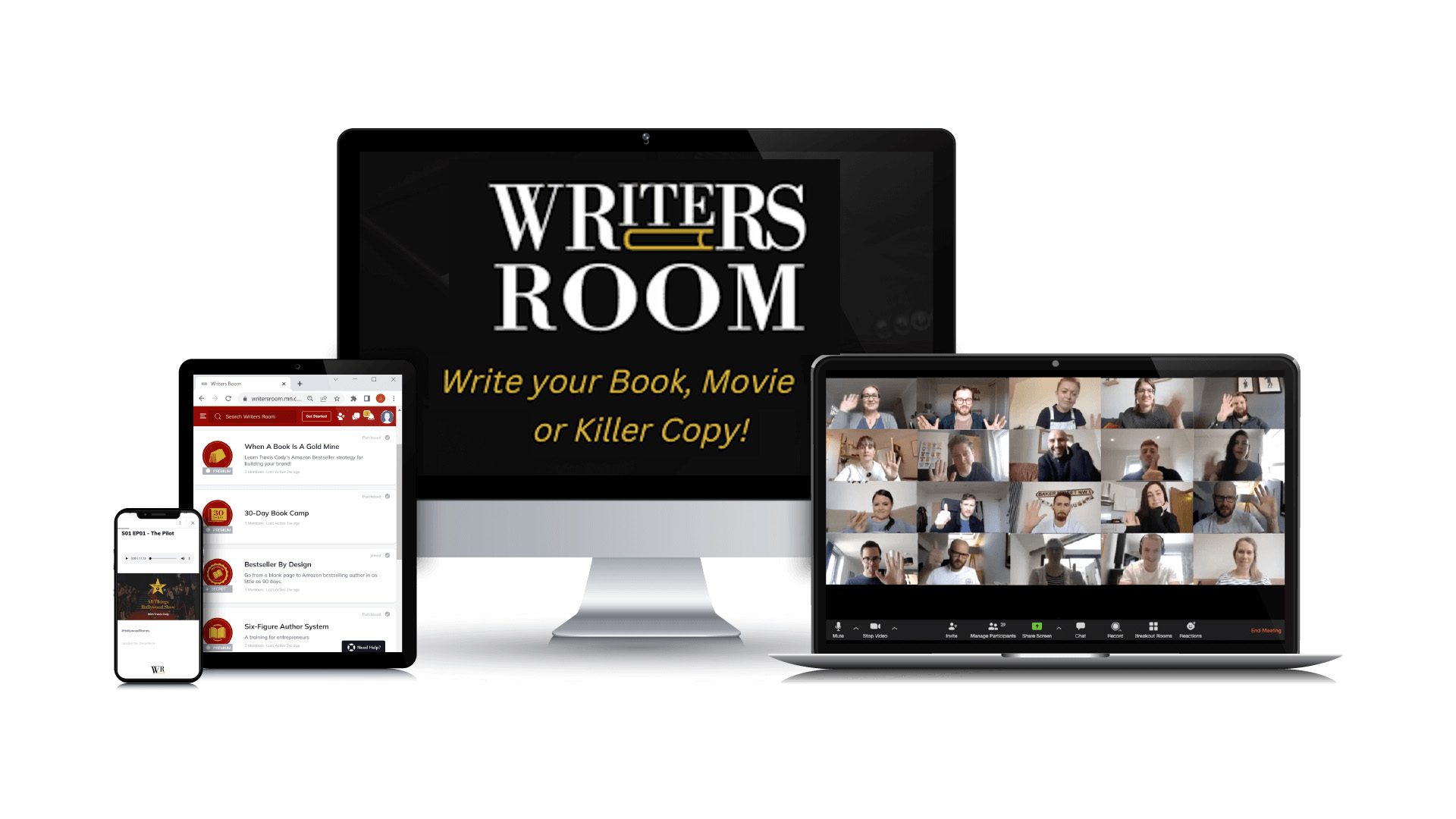 The Writers Room on a computer, tablet, phone and laptop: write your book, movie or killer copy