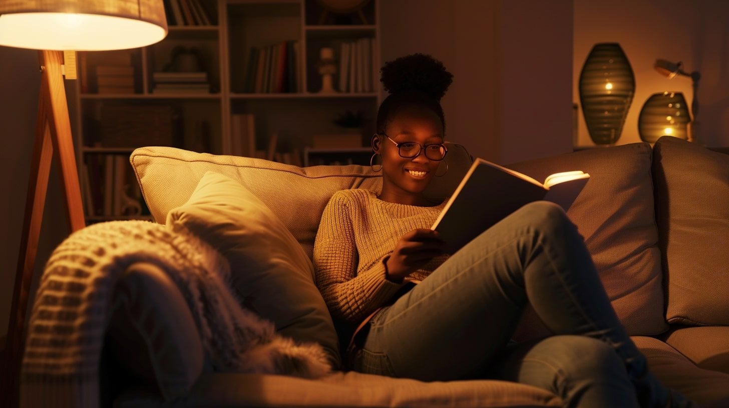 A woman curled up on a sofa reading a book